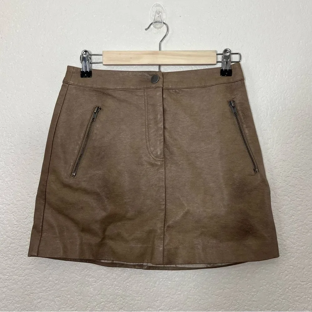 J.O.A Faux Leather Mini Skirt Khaki Tan Zipper Pockets Size S